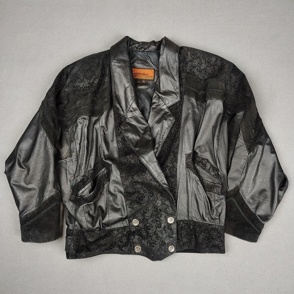 Vintage Cayenne Leather Jacket Women Medium Black Western Cowgirl Dark Romantic